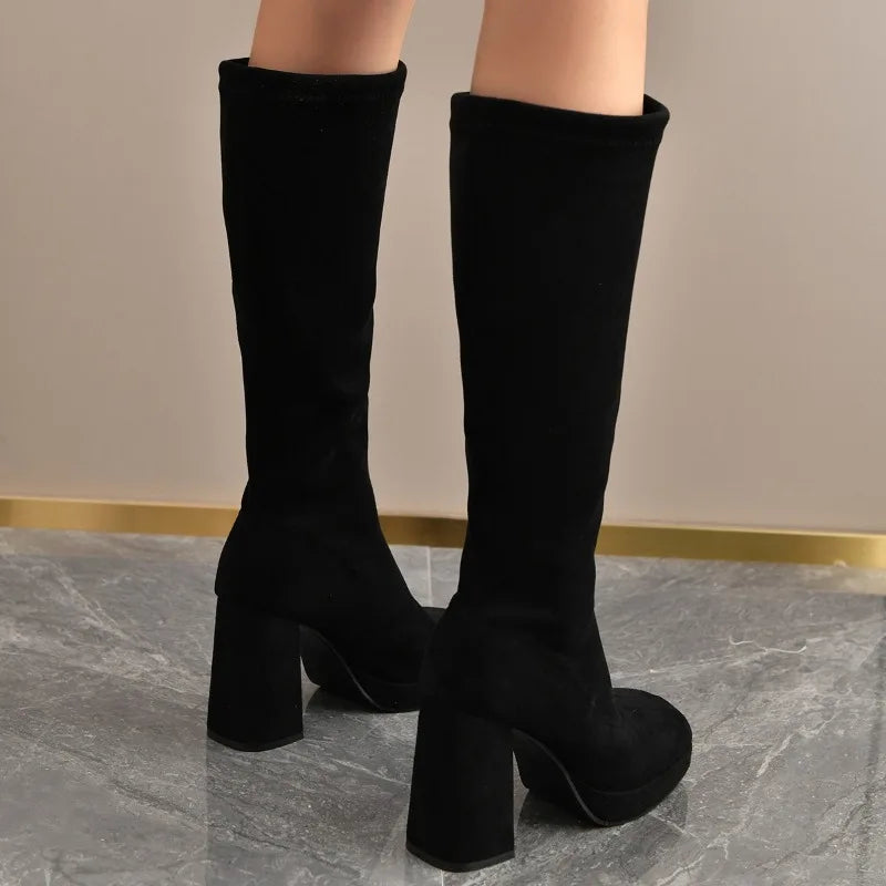 Women's Knee-High Slip-On Boots | Square Heel Round Toe Knee-High Boots Axl