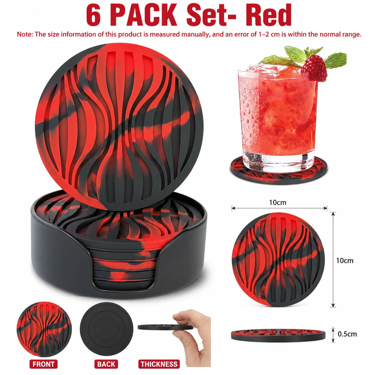 Silicone Coasters Set of 6 with Holder – Heat Resistant Cup Mats Silicone Coaster Set Axl 6 PACK Set- Red