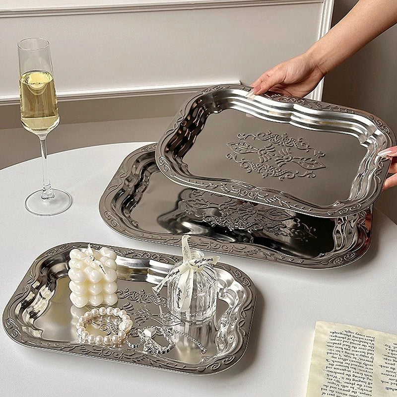 Stainless Steel Rectangular Tray – Embossed Vintage Serving Dish Serving Tray Axl