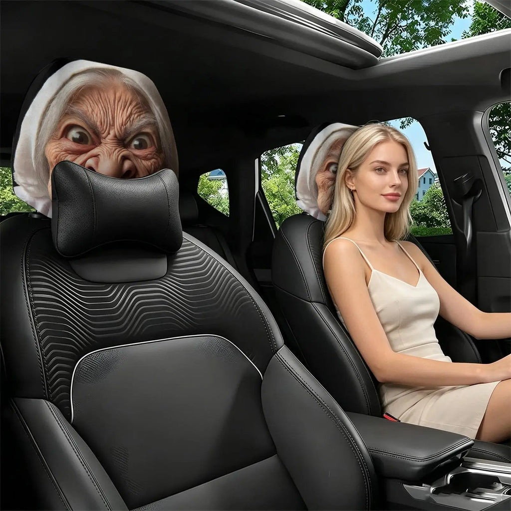 Funny Granny Face Car Headrest Covers – 2Pcs Elastic Washable Car Headrest Cover Axl