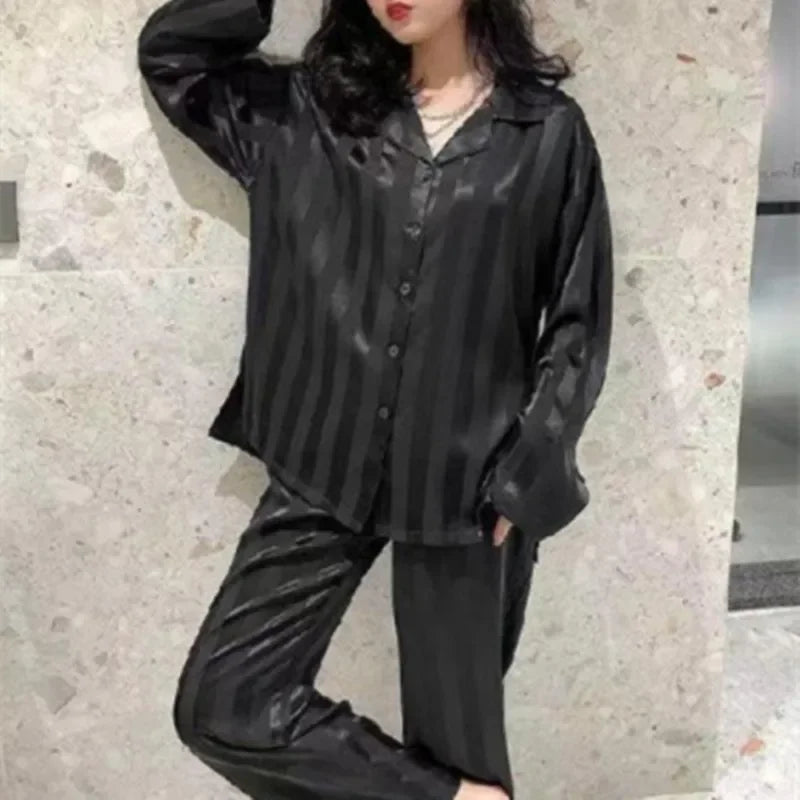 Women's Ice Silk Striped Pajama Set – Long Sleeve Sleepwear Women's Pajama Set Axl black-strip 5XL