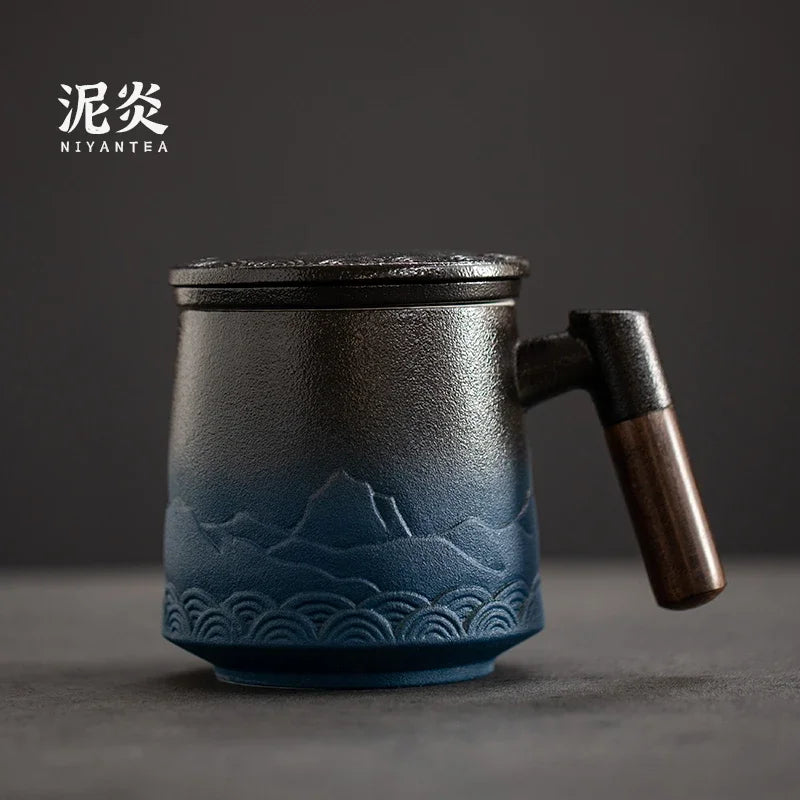 Japanese Ceramic Tea Mug with Lid, Strainer & Wood Handle Ceramic Tea Mug Axl 301-400ml B