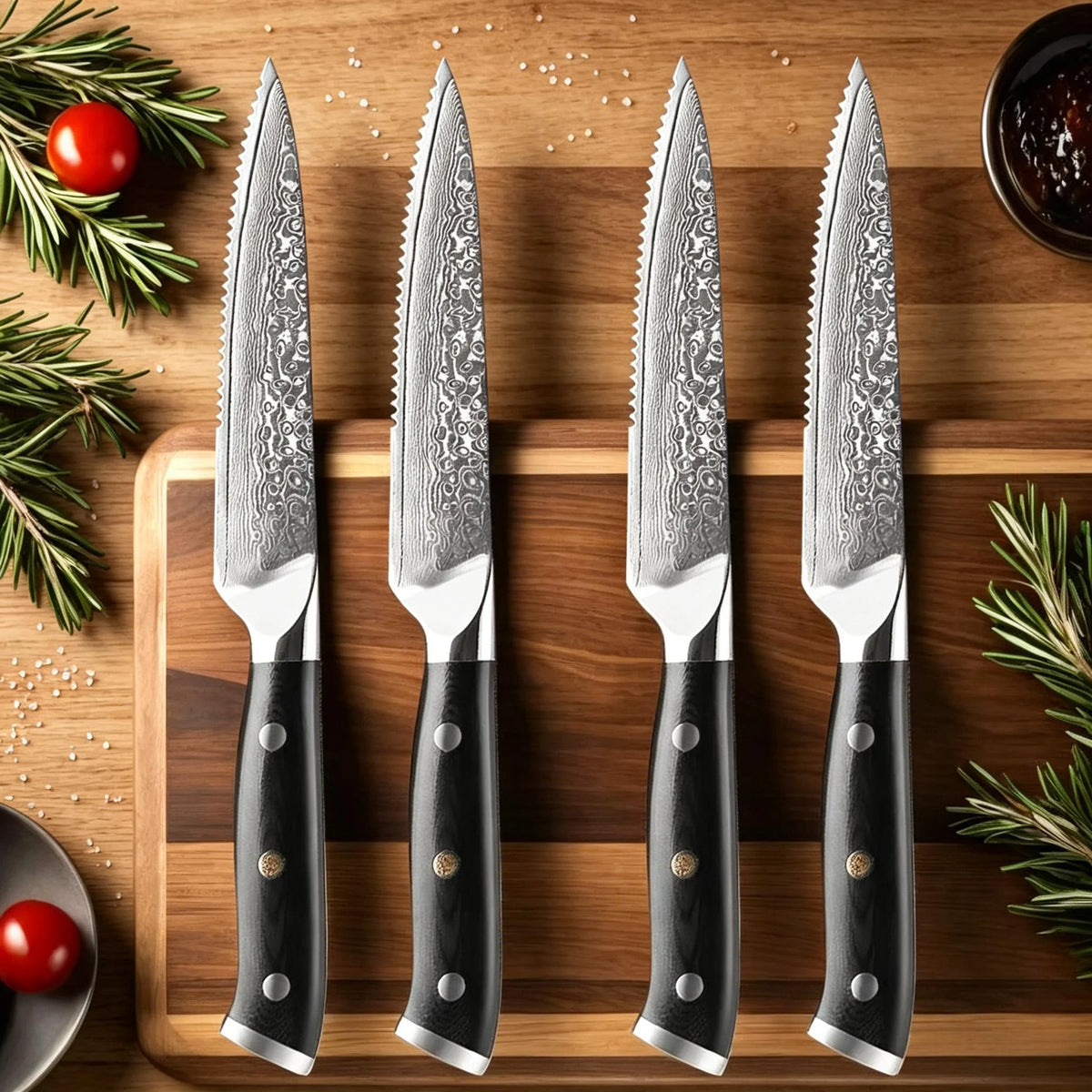 Damascus Steel Steak Knife Set – 67-Layer G10 Handle 1/2/4 Pc Steak Knife Set Axl