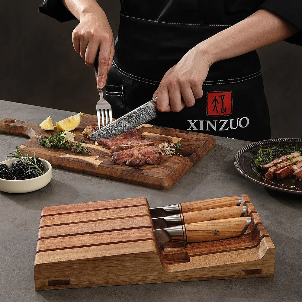 XINZUO 5-Pc Damascus Steak Knife Set | Olive Wood & Acacia Tray Steak Knife Set Axl