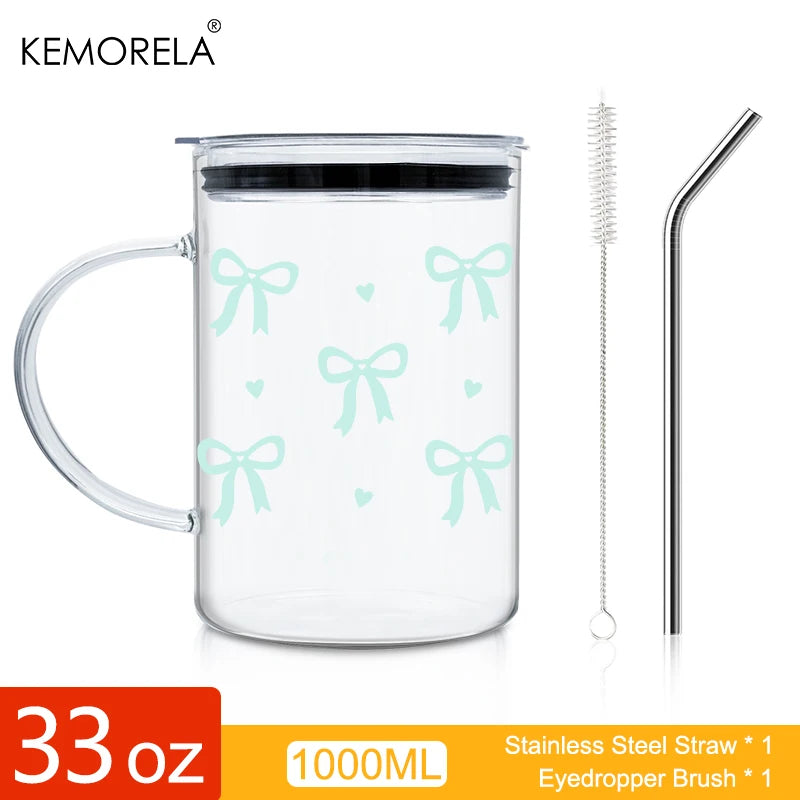 KEMORELA 1000ml Bow-Knot Glass Cup with Lid & Straw | Borosilicate Glass Tumbler Axl C 1000ML