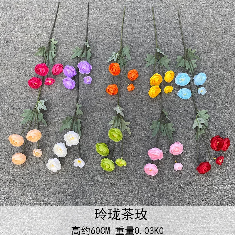 6pcs Artificial Ranunculus Flower Branches – 4-Head Tea Rose Artificial Flower Stems Axl
