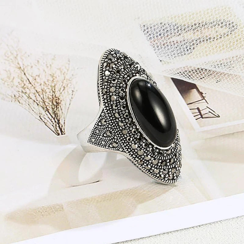Huitan Black Stone Oval Ring – Vintage Women's Fashion Ring Fashion Ring Axl