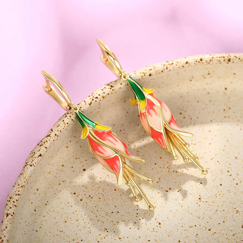 Huitan Pink Tulip Enamel Drop Earrings | Women's Fashion Jewelry Enamel Drop Earrings Axl