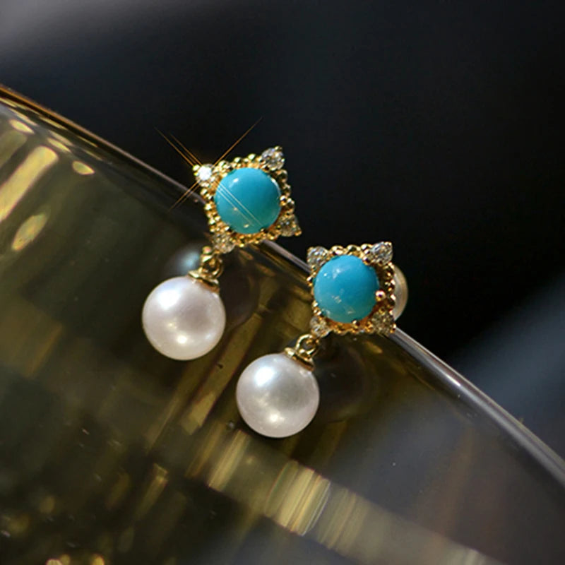 Huitan Vintage Blue Pearl Dangle Earrings for Women Pearl Dangle Earrings Axl