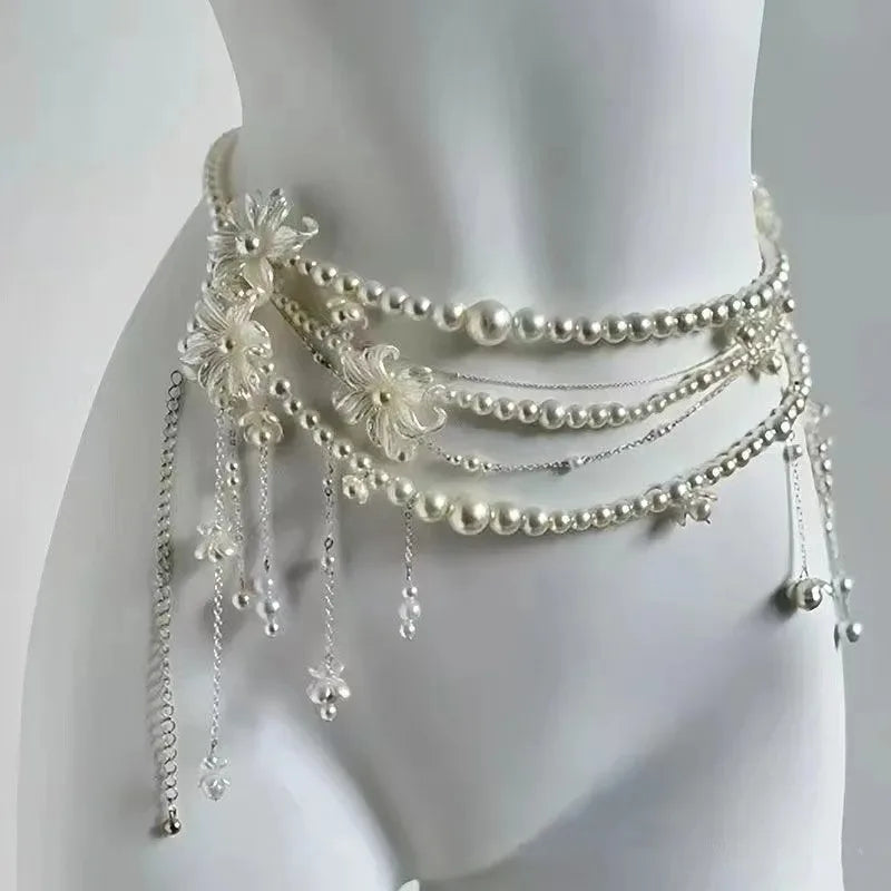 Multilayer Pearl Waist Chain Belt – Y2K Retro Women's Fashion Fashion Waist Belt Axl
