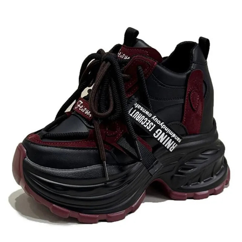 Women's 9CM Chunky Platform Sneakers – Breathable Lace-Up Dad Shoes Platform Sneakers Axl 35 wine red