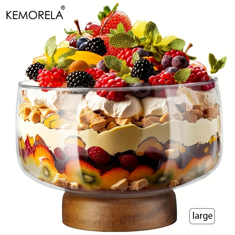 KEMORELA Large Glass Cake Bowl & Wooden Stand | Serving Tray Glass Cake Stand Axl Large