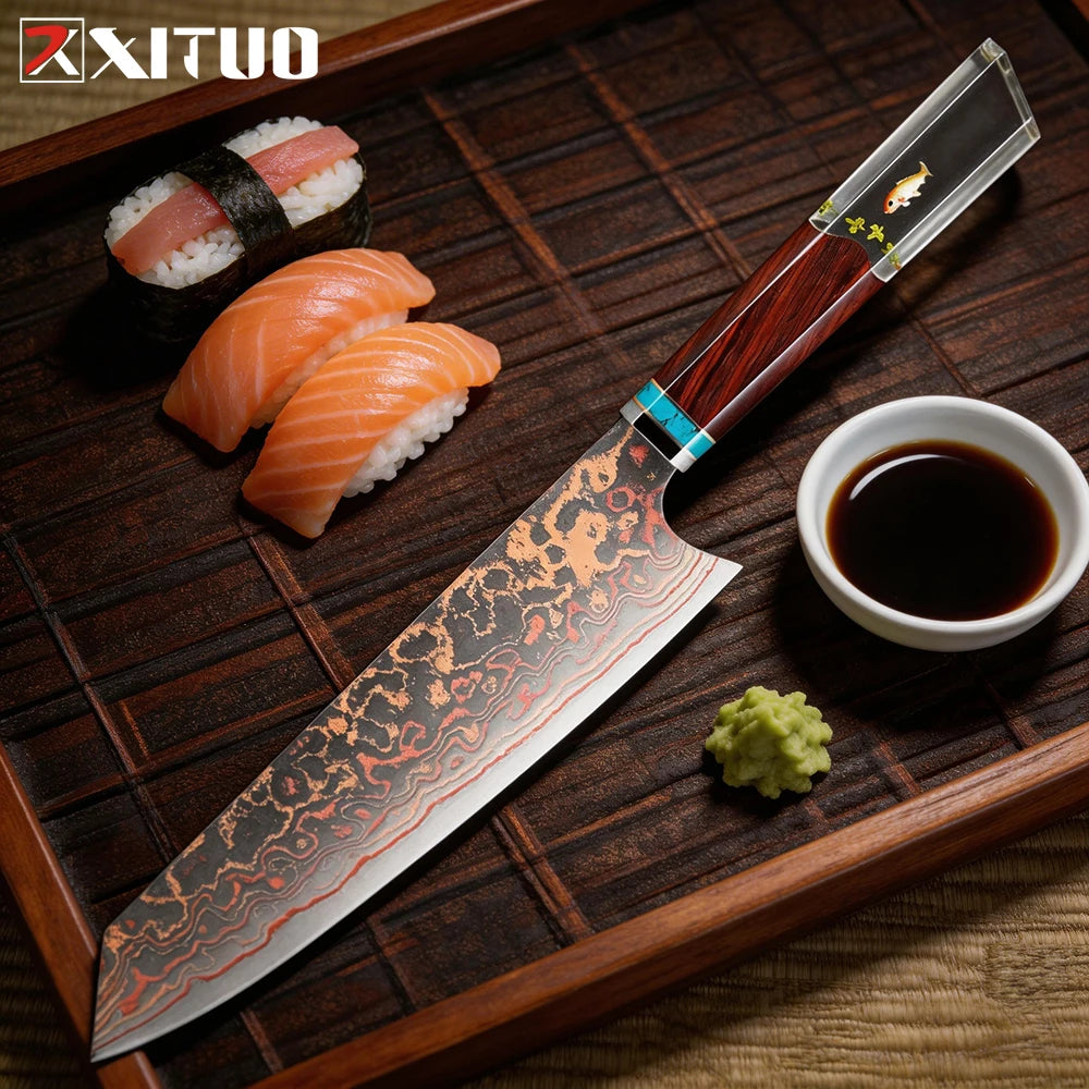 XITUO Kiritsuke Chef Knife 8" – Tricolor Copper Damascus Steel Damascus Chef Knife Axl