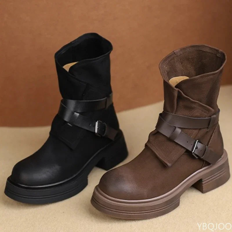 Women's Retro Ankle Boots – Thick Sole Square Heel Buckle Brown Women's Ankle Boots Axl