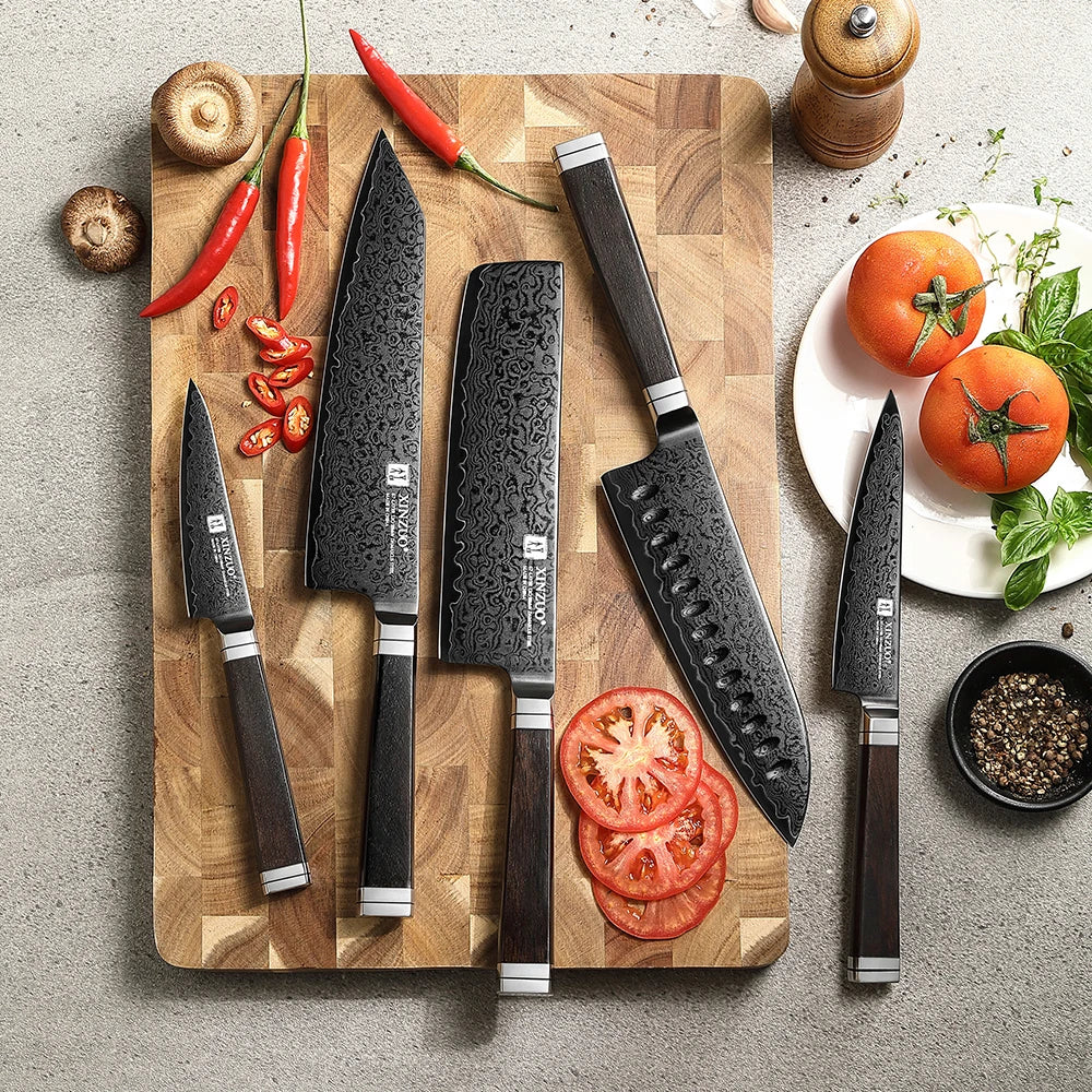 XINZUO 5-Piece Damascus Knife Set | Black Titanium Japanese Damascus Knife Set Axl