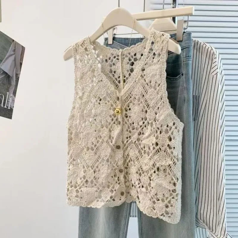 Open Knit Floral Crochet Vest – Boho Sleeveless Cardigan Crochet Knit Vest Axl