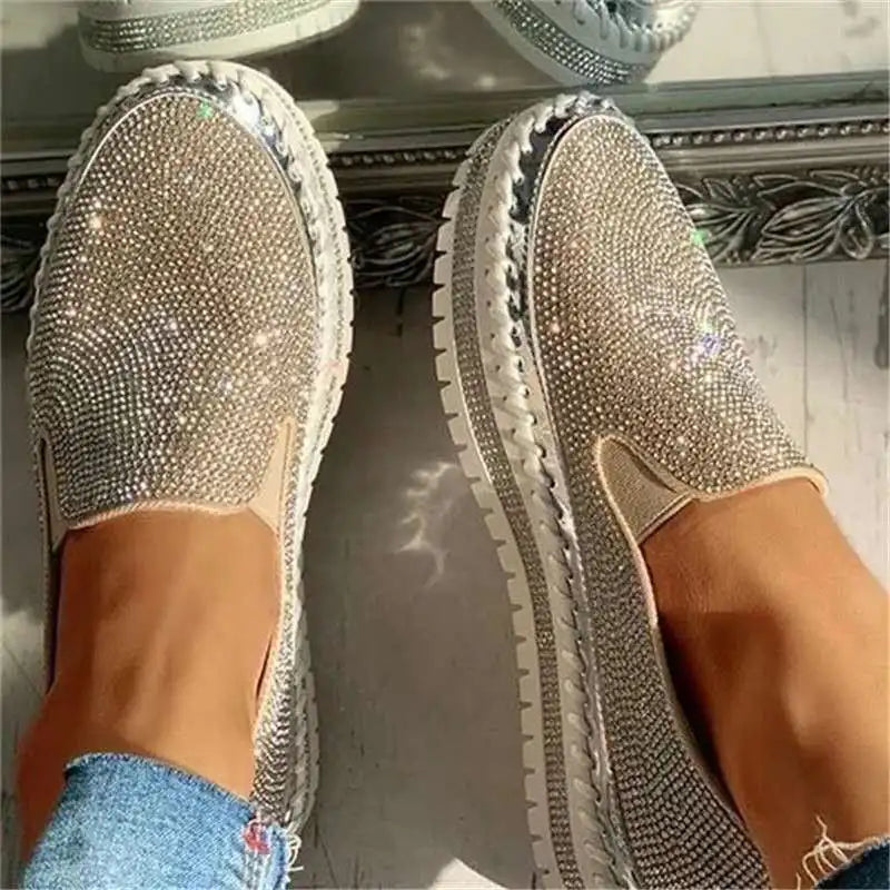Women's Rhinestone Platform Flat Shoes – Slip-On Casual Style Platform Flat Shoes Axl