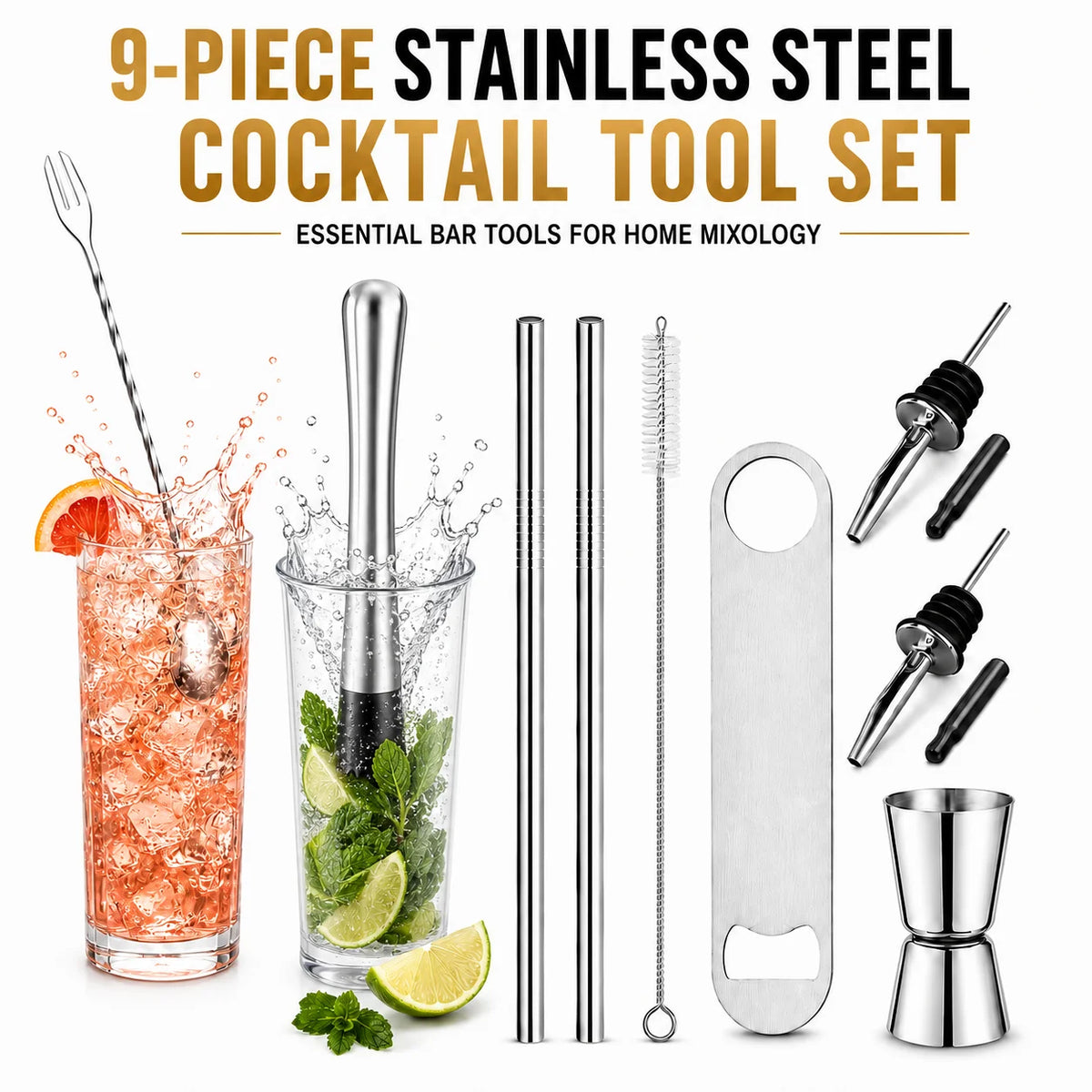 Stainless Steel Cocktail Tool Set – 5-Piece Bartender Kit Cocktail Bar Tool Set Axl