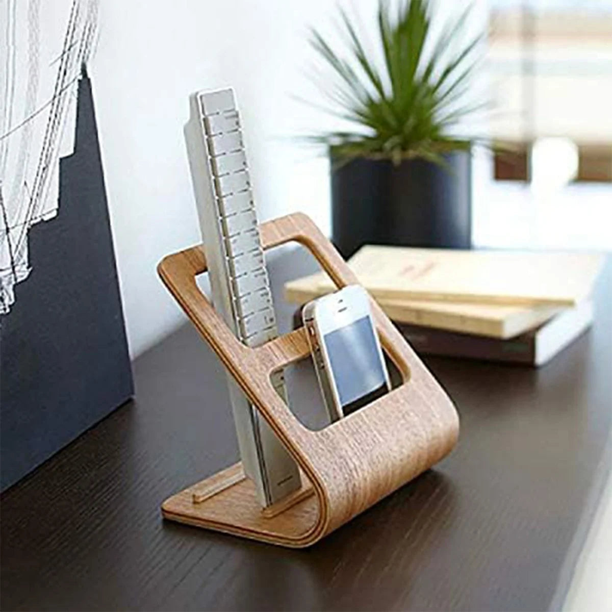 Wooden Remote Control Holder – 2-Slot No-Assembly Desk Caddy Desktop Remote Organizer Axl