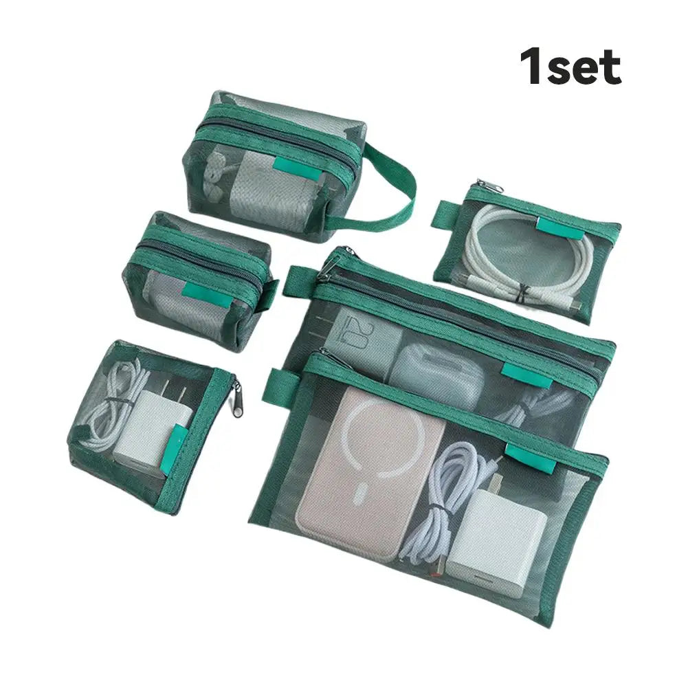6-Piece Clear Mesh Travel Pouch Set – Cosmetic & Organizer Bags Travel Organizer Pouches Axl Green