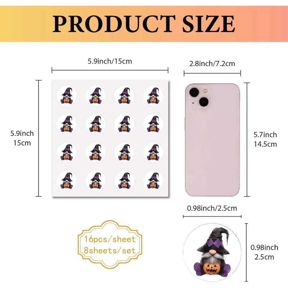 128 Halloween Witch & Pumpkin Waterproof Round Stickers – 4 Sheets Halloween Sticker Set Axl