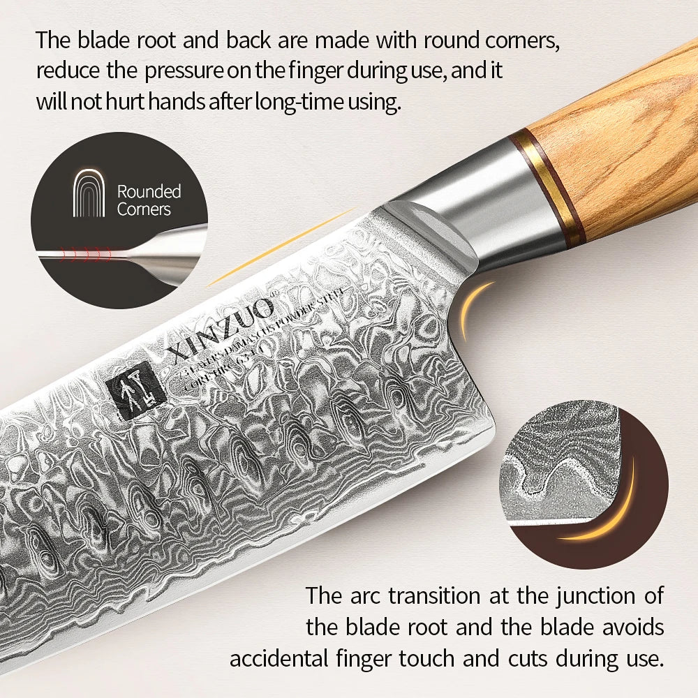 XINZUO 8-Pc Damascus Steel Knife Set – Olive Wood Handles Kitchen Knife Set Axl
