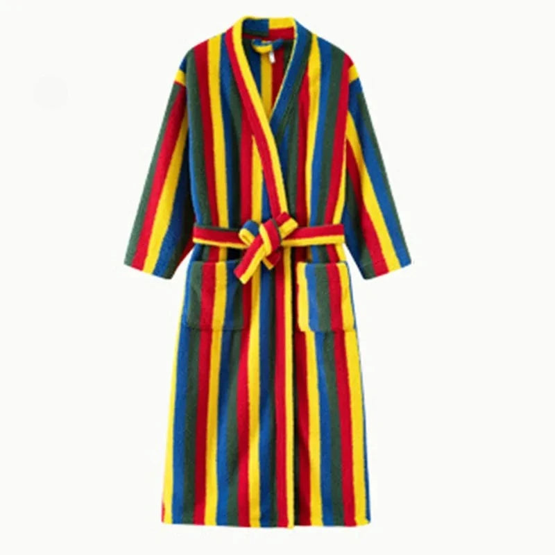 Women's Striped Velvet Bathrobe – Thick Flannel Lace-Up Robe Women's Bathrobe Axl Rainbow stripes 1XL