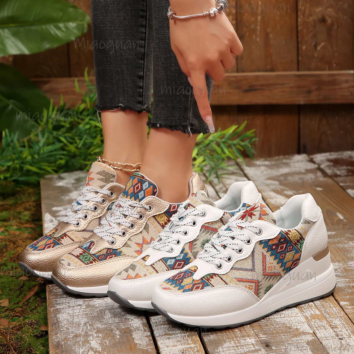 Women's Bohemian Wedge Platform Sneakers – Geometric Pattern Platform Wedge Sneakers Axl