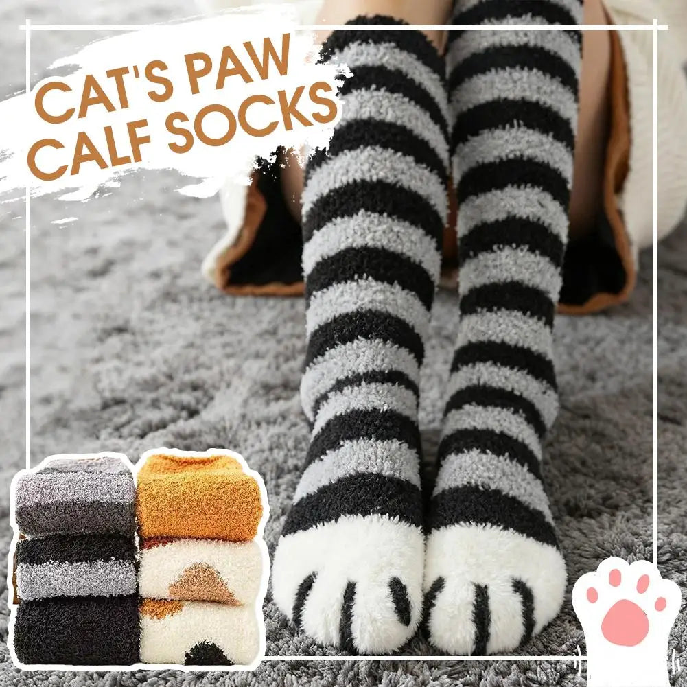 Cat Paw Plush Over-The-Knee Socks – Thick Warm Winter Stockings Plush Winter Socks Axl