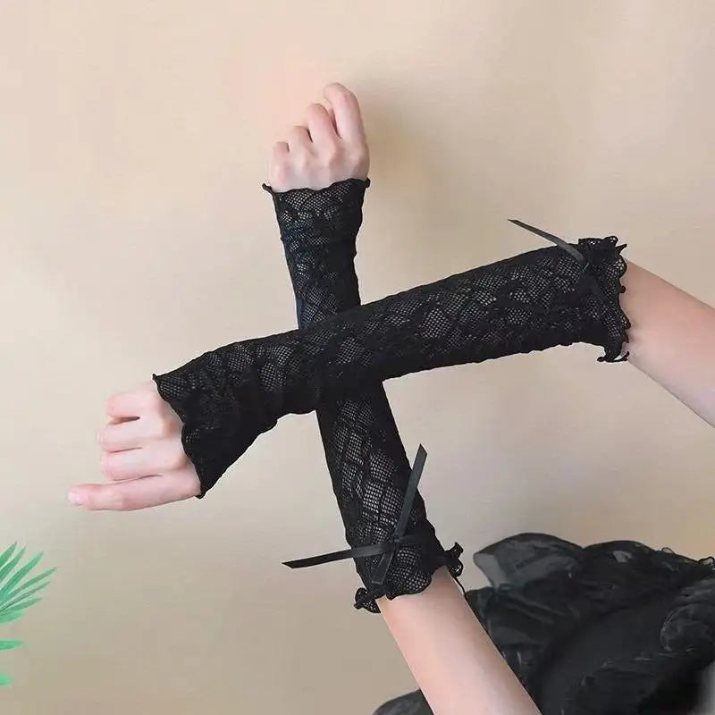 Lace Ruffle Fingerless Gloves – Y2K Lolita Bow Arm Sleeves Lace Arm Sleeves Axl Black