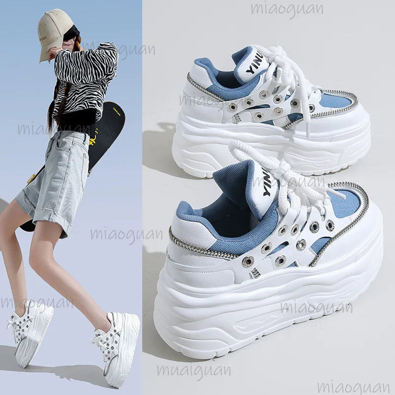 Women's 8CM Platform Chunky Sneakers – Rivet Lace-Up Shoes Platform Sneakers Axl