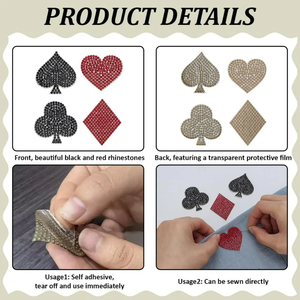 16 Pcs Playing Card Rhinestone Applique Patches – 4 Suit Designs Rhinestone Applique Patch Axl