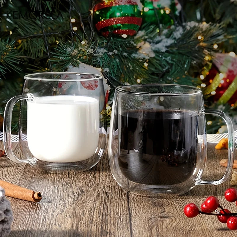 KEMORELA Double Wall Clear Glass Coffee Cup with Handle | 1-2 Pack Glass Coffee Mug Axl