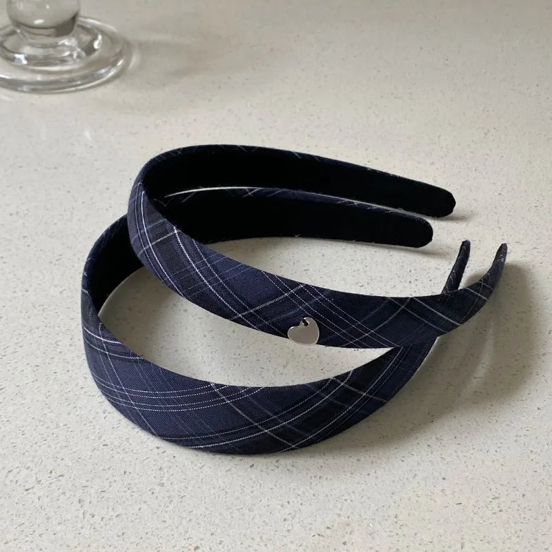 Navy Blue Plaid Hair Headband with Heart Decor for Women Hair Headband Axl
