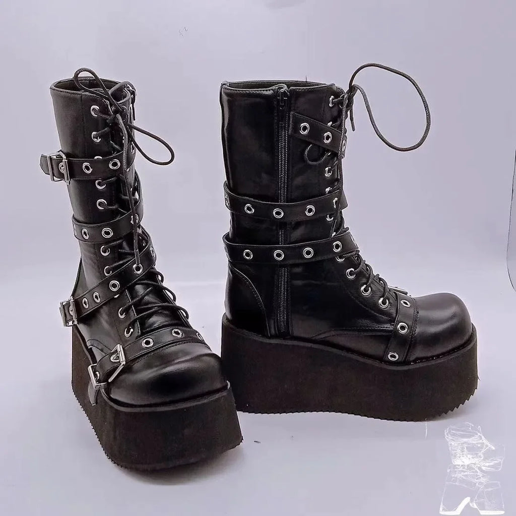Women's Plus Size Punk Goth Combat Boots – Wedge Buckle Lace-Up Women's Combat Boots Axl