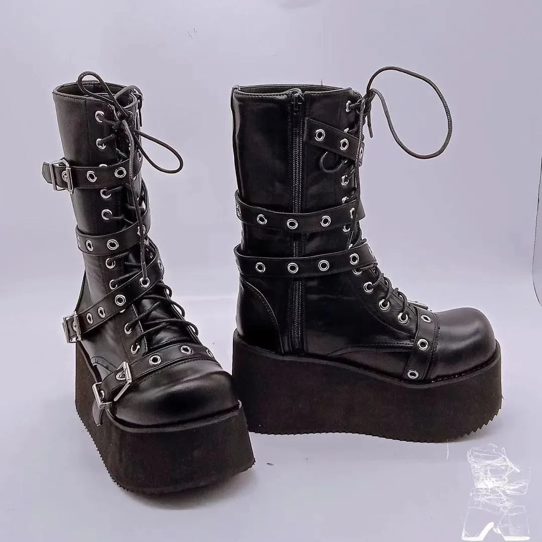Women's Plus Size Punk Goth Combat Boots – Wedge Buckle Lace-Up Women's Combat Boots Axl