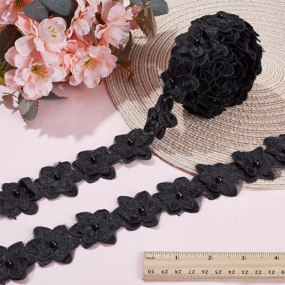 Pearl Trim Organza Lace Ribbon 4 Yds – 3D Floral Applique Black Lace Ribbon Trim Axl