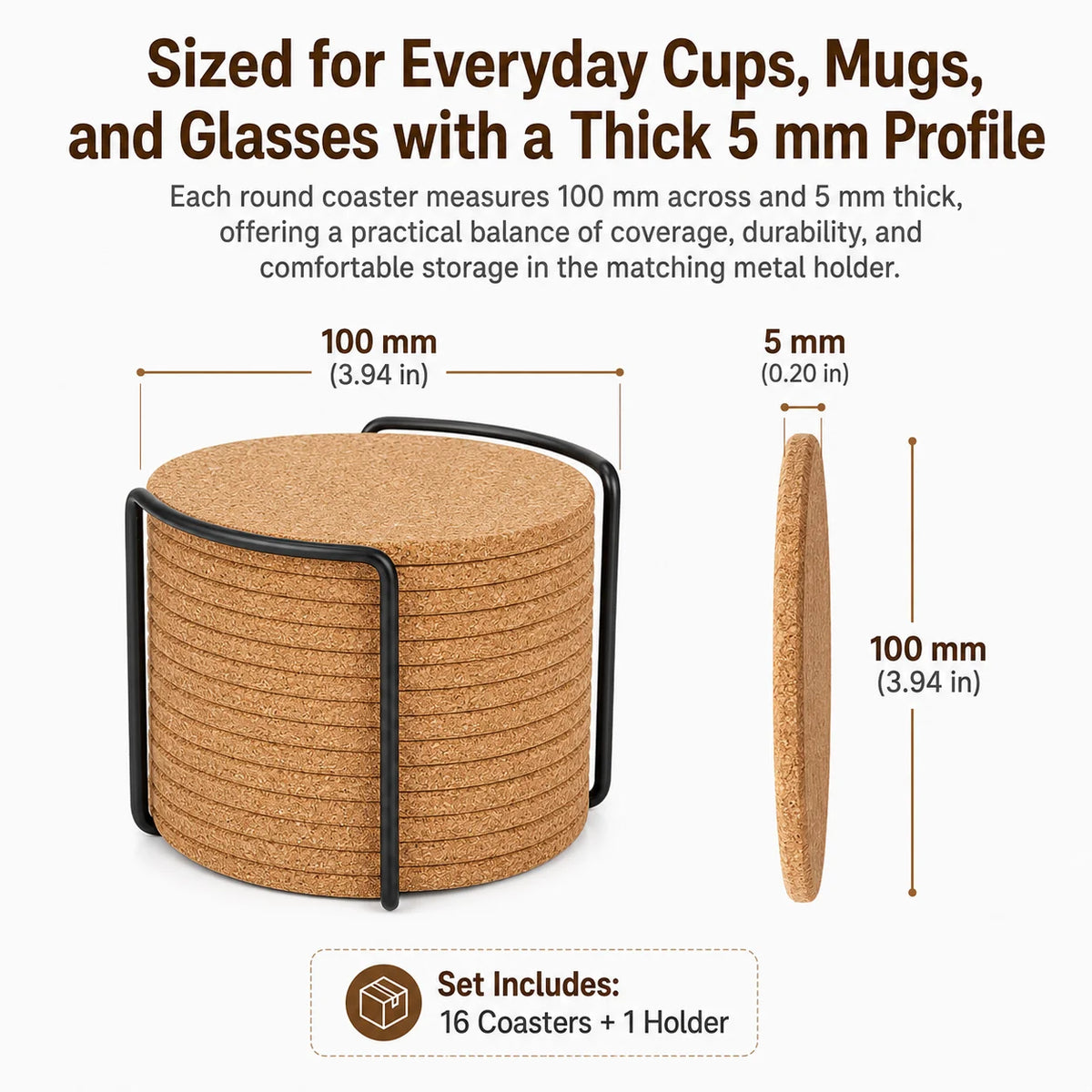 16-Pack Natural Cork Coasters with Holder – Heat Resistant Cork Coaster Set Axl