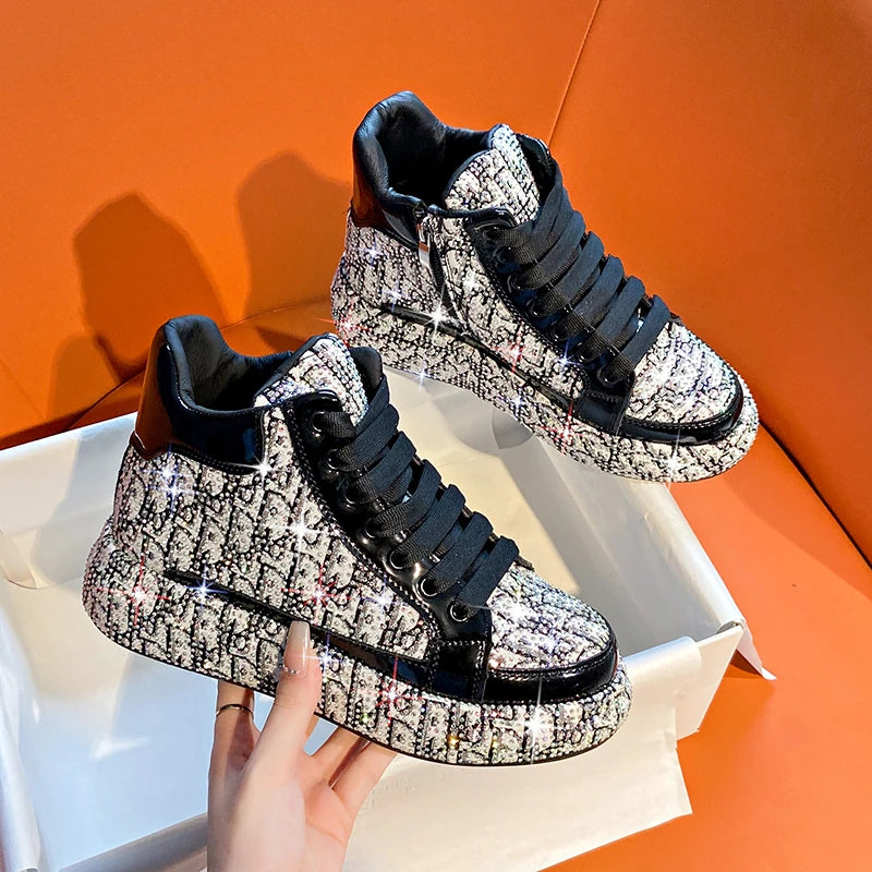 Women's Rhinestone High-Top Sneakers – Thick Sole Lace-Up High-Top Sneakers Axl black 35