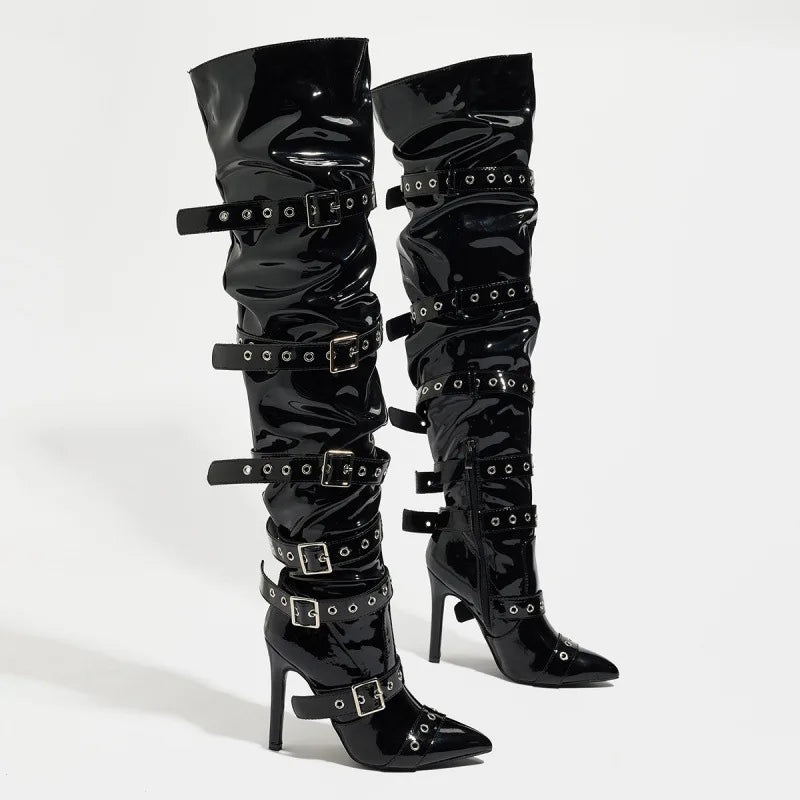 Women's Punk Over-the-Knee Boots – Rivet High Heel Buckle Over-the-Knee Boots Axl Black 35