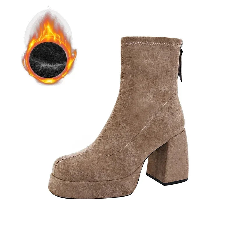 Women's Square Heel Ankle Boots – Warm Winter Short Booties Ankle Boots Axl Milk tea fur 40