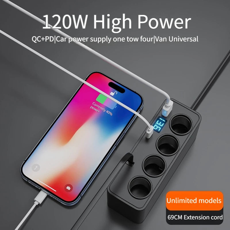 120W Car Charger – 4 Sockets & 3 USB Fast Charging Adapter Car Charger Adapter Axl