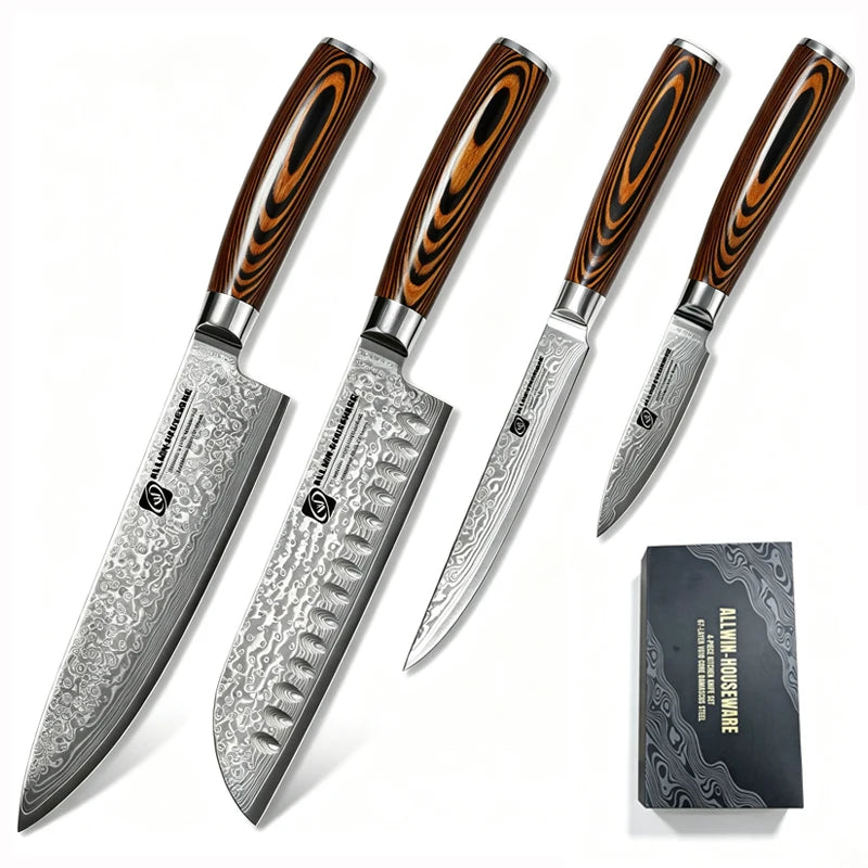 4-Pc 67-Layer Damascus Chef Knife Set – Santoku & Utility Damascus Knife Set Axl 4pcs