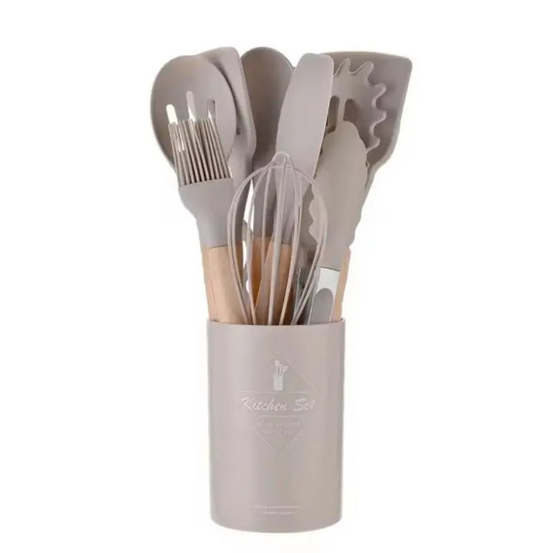 12-Piece Silicone Kitchen Utensil Set – Wood Handles & Bucket Kitchen Utensil Set Axl Khaki