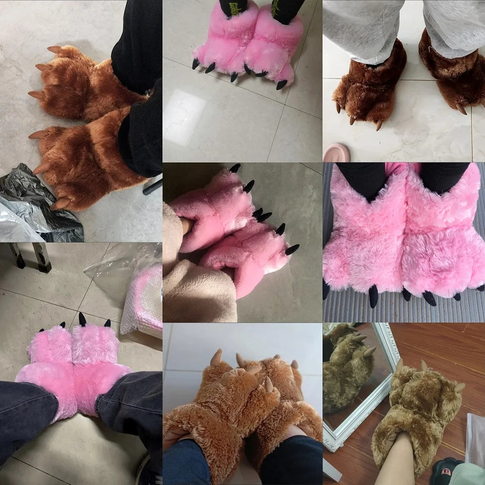 Fluffy Bear Paw Slippers with Claws – Unisex Plush Indoor Slides Novelty Plush Slippers Axl