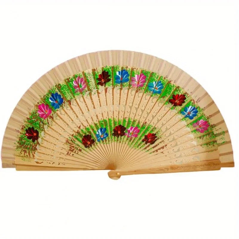 Wooden Spanish Folding Fan – Double-Sided Floral Dance & Decor Decorative Folding Fan Axl Wooden Color