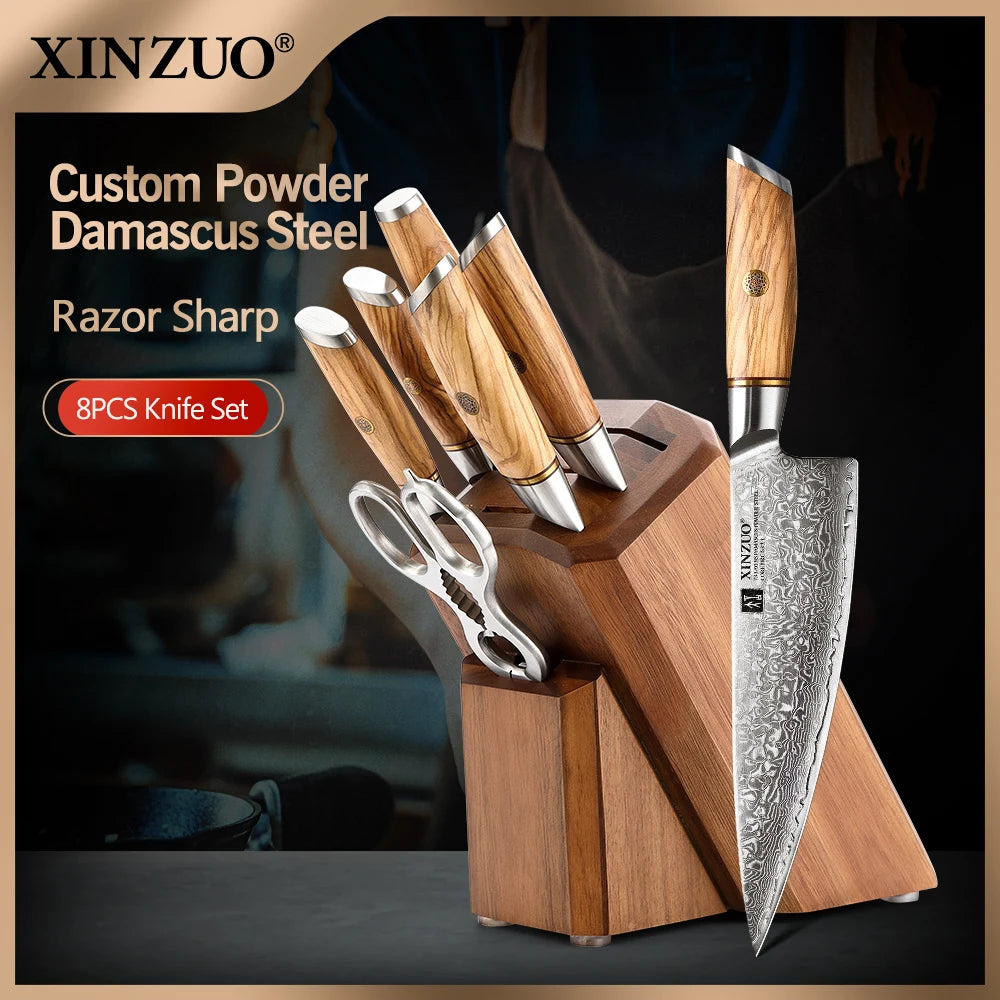XINZUO 8-Pc Damascus Steel Knife Set – Olive Wood Handles Kitchen Knife Set Axl Default Title