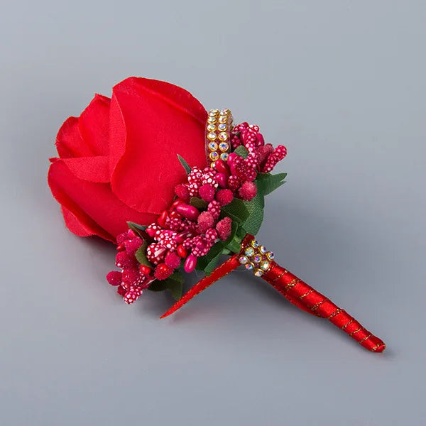 Silk Rose Groom Corsage Brooch – Men's Wedding Boutonnière Pin Wedding Corsage Brooch Axl Red