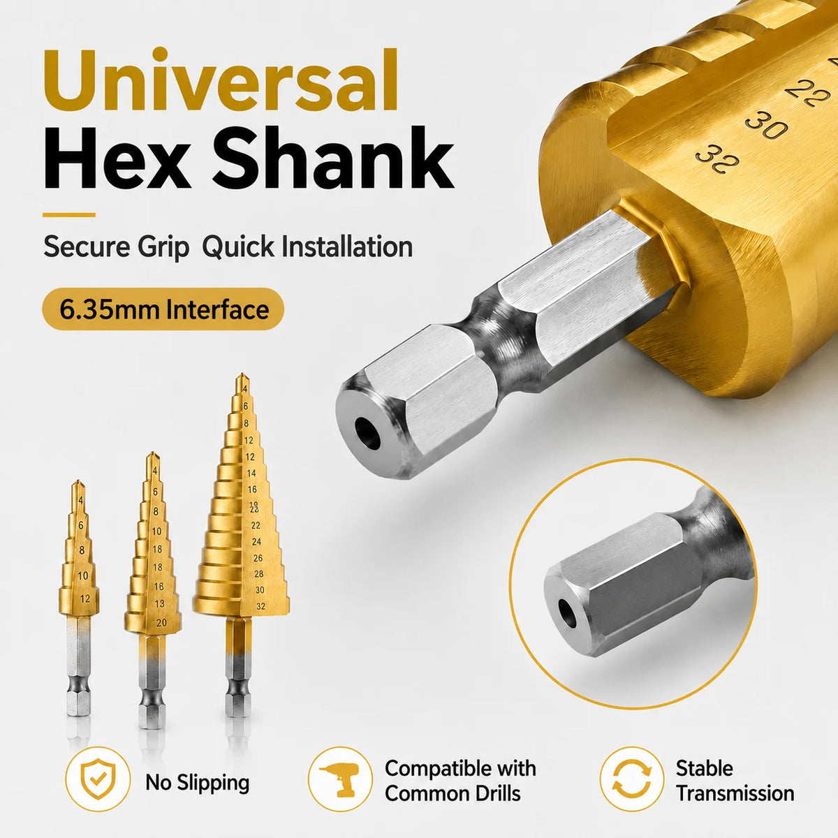 HSS Titanium Step Drill Bit 4-32mm Hex Shank Cone Cutter Step Drill Bit Axl