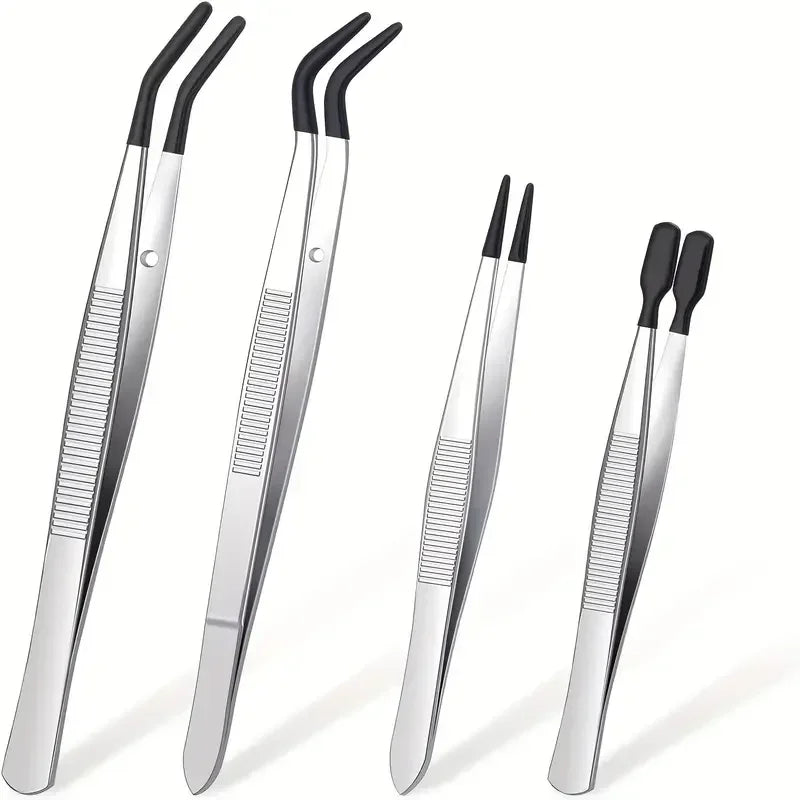 Precision Silicone Coated Tweezers – Flat & Bent Tip, Non-Marring Precision Tweezers Axl Black 4 pcs